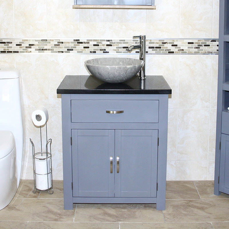 Roden 751mm Single Bathroom Vanity with Vessel Stone Basin, Grey, Black Quartz, Grey