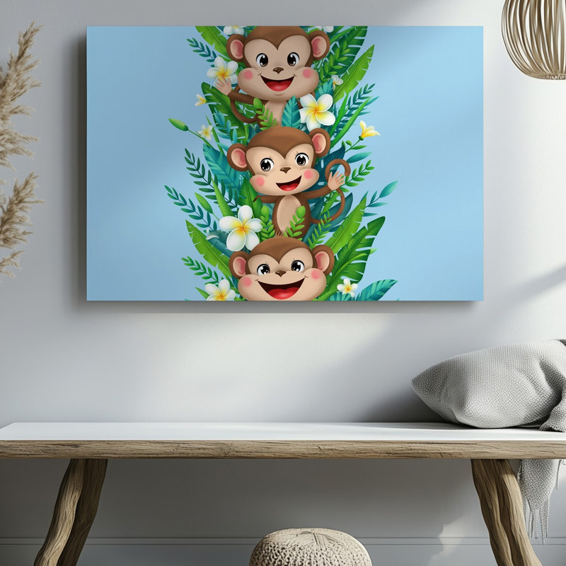 Toile, une illustration fantaisiste mettant en vedette trois singes de dessin animé ludiques, chacun présentant une art mural