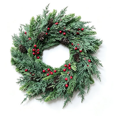 Couronne de Noël réaliste de 21,65 po avec baies rouges et pomme de pin véritable, branches de cèdre artificielles, décoration de verdure pour guirlande de porte d'entrée, fenêtre, mur de maison