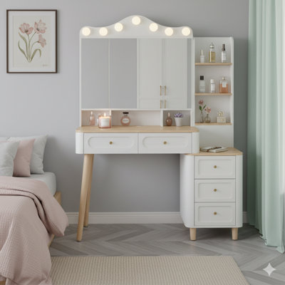 Vanity Desk With Mirror And Lights. This Makeup Vanity Includes A 2-Port USB Power Strip. The Vanity Set Consists Of Two Drawers And A Three-Drawer Chest, Offers Three Lighting Modes With Adjustable Brightness, And Has A Foldable Three-Sided Mirror, In W