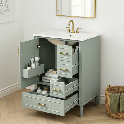 Meuble-lavabo compact de 61 cm (24 po) avec lavabo en céramique, armoire en MDF, rangement, design moderne