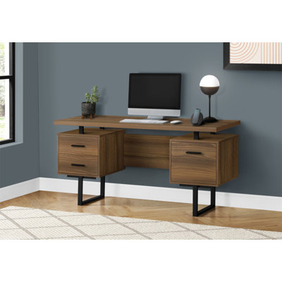 Computer Desk, Home Office, Laptop, Left, Right Set-Up, Storage Drawers, 60"L, Work, Walnut Laminate Metal, Contemporary, Modern