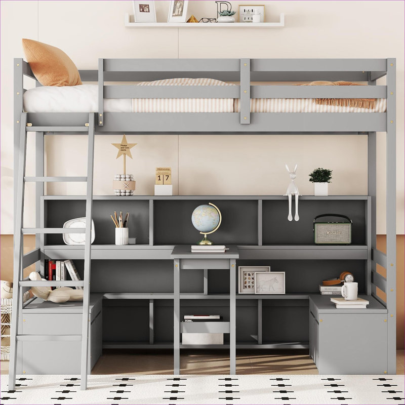 Structure de lit mezzanine avec rangement et rangement intégré, Gris