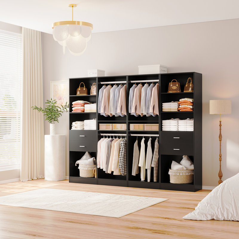 Ensemble de 4 pièces: système de rangement pour garde-robe de 99,2 po avec 4 tiroirs en bois, tablettes réglables et tringle à vêtements
