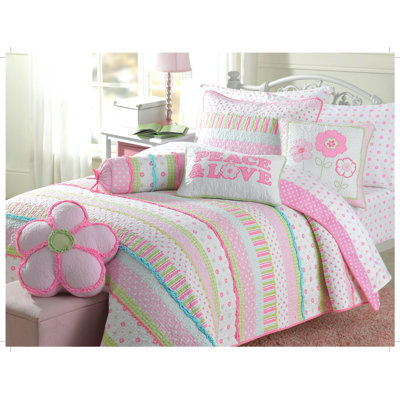 Ensemble de courtepointe réversible rose / blanc / vert en coton à 100 % à contexture de 180 fils Greta