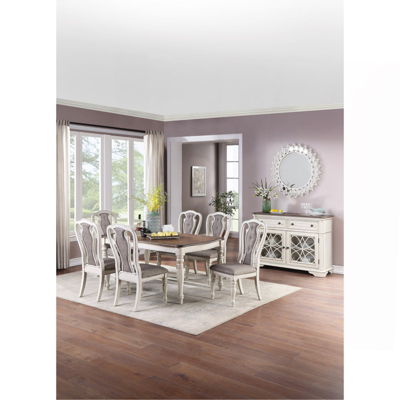 Transitional Style 7Pc Dining Set Dining Table W Oak Top 6Xside Chairs Cushion Seat Antique White Kitchen Dining Room