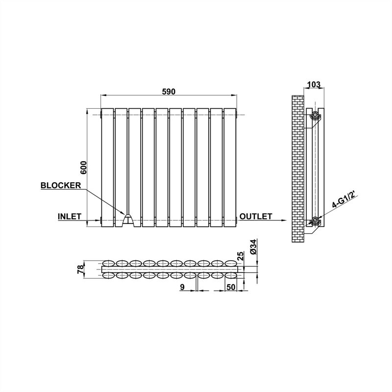 Horizontal Oval Panel Radiators, 60cm H x 59cm W x 7.8cm D, Grey