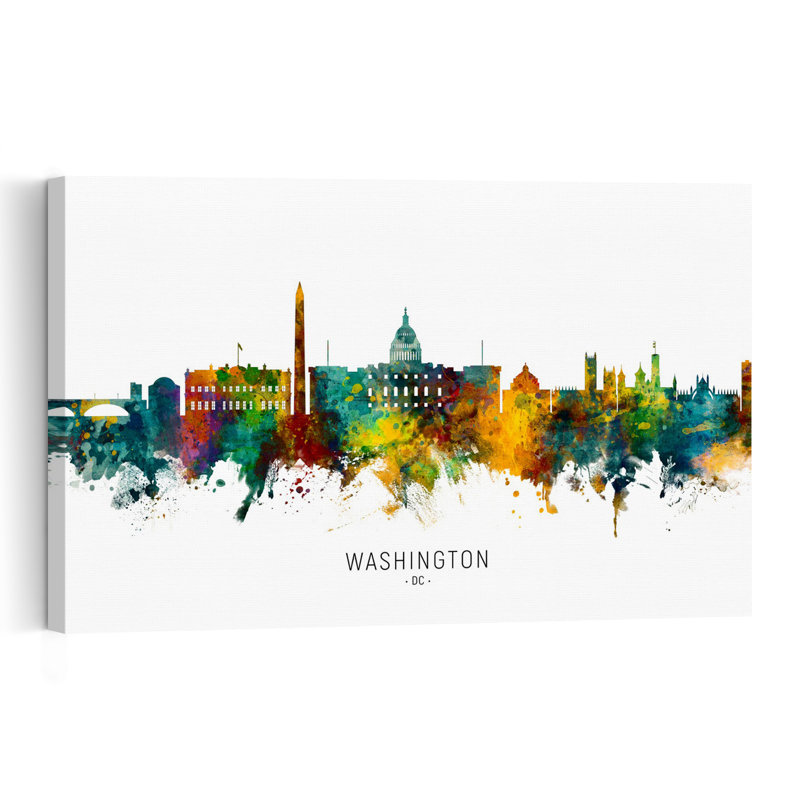 Vibrant Dc Watercolor Skyline Abstract Contemporary Architecture City Wall Art Print by Michael Tompsett - 1 Piece Wrapped Canvas Wall Art