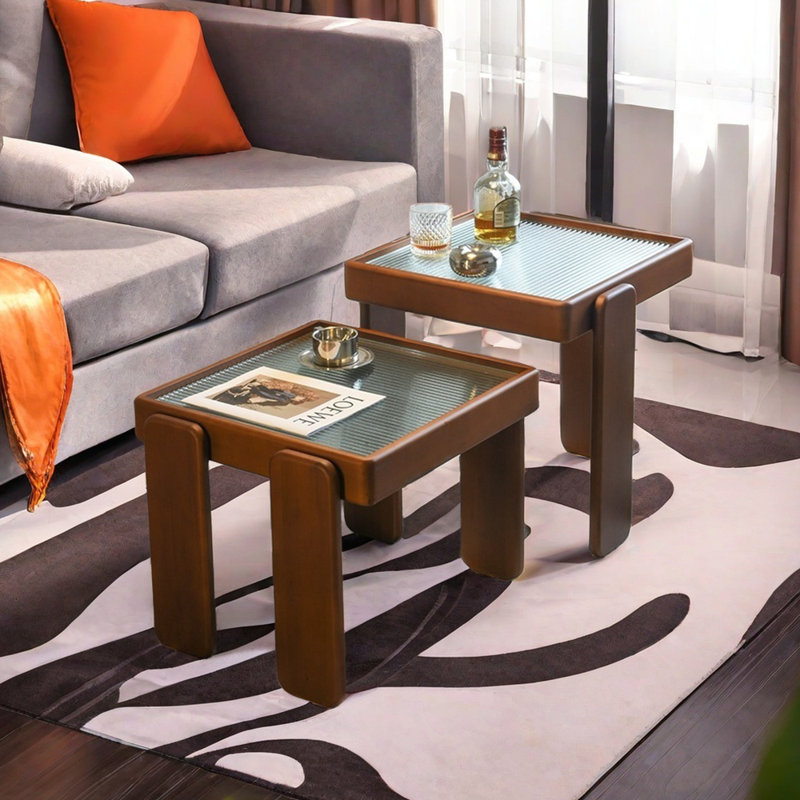 Table basse en bois massif avec verre, Brun / transparent, Brun