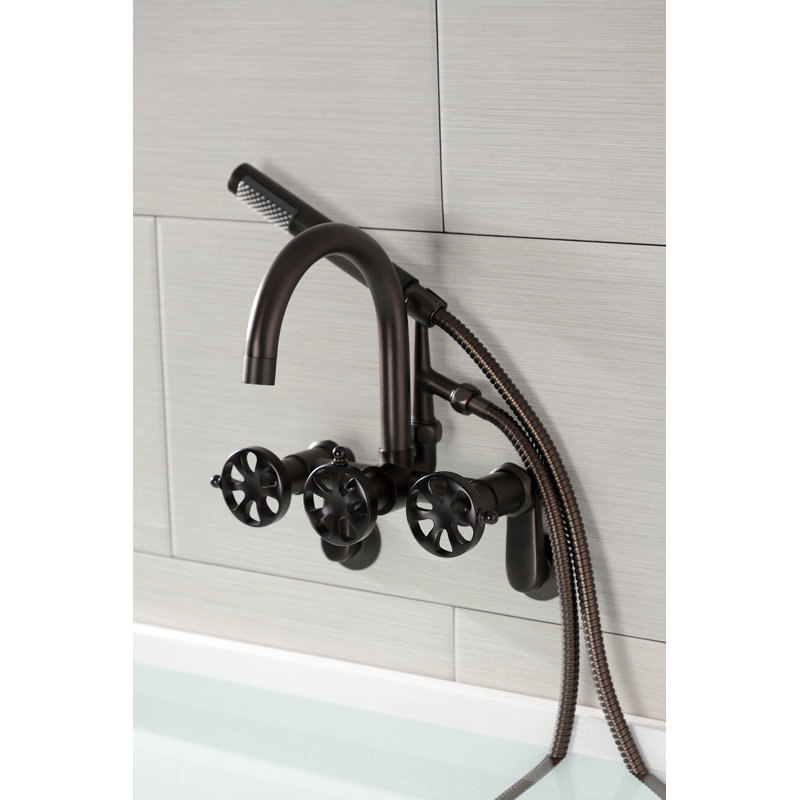 Kingston Brass Belknap Three-Handle 2-Hole Tub Wall Mount Clawfoot Tub Faucet with Hand Shower, Dark Brown