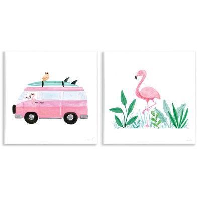 Ensemble de 2 affiches murales «Flamants roses vacances tropicales» par Rachel Nieman