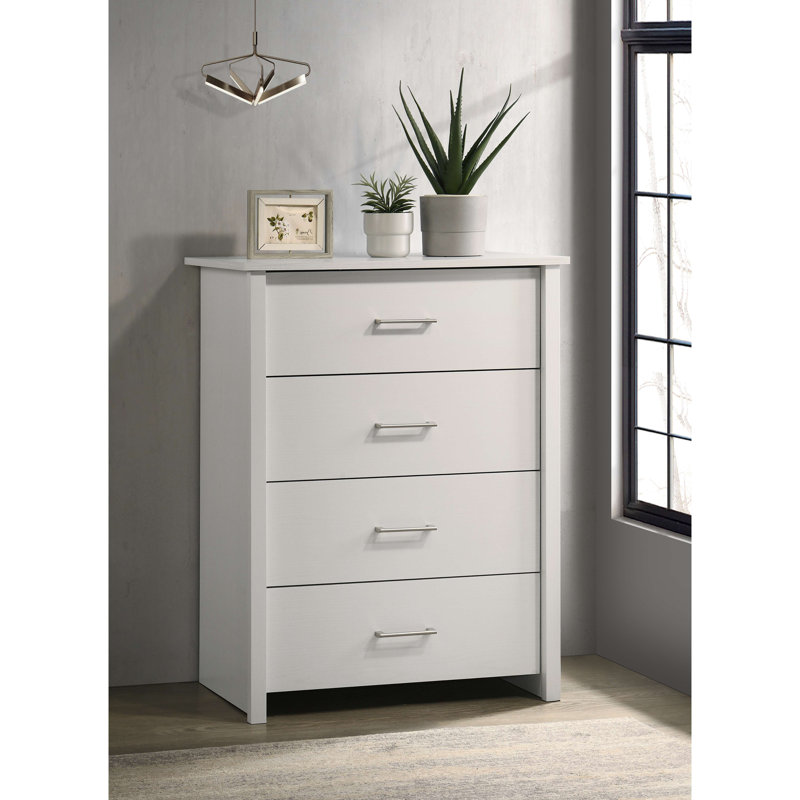 Commode 4 tiroirs avec poignées argentées Celeste, Blanc
