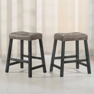 Set Of 2 Dining Chairs, Rustic Backless Counter Stool  – 25 Inch Woodenen Farmhouse Barstool With Brown Leather Seat, Distressed Finish And Sturdy Frame