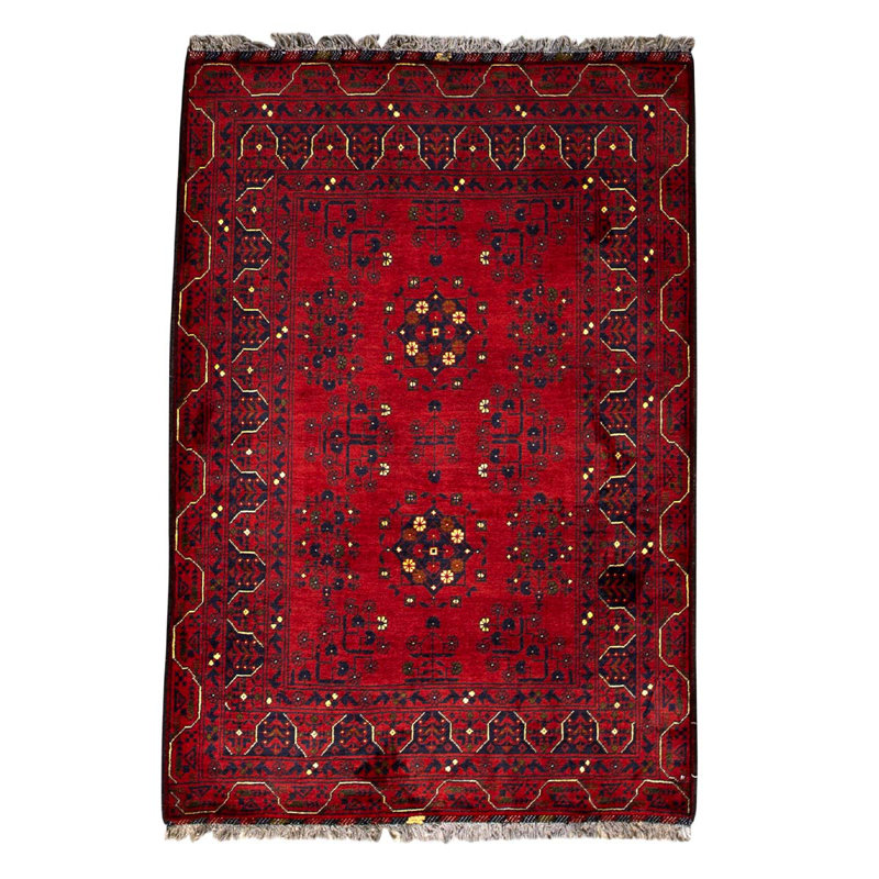 Tapis marron / noir / rouge en laine noué à la main de conception unique 3 pi 4 po x 4 pi 9 po