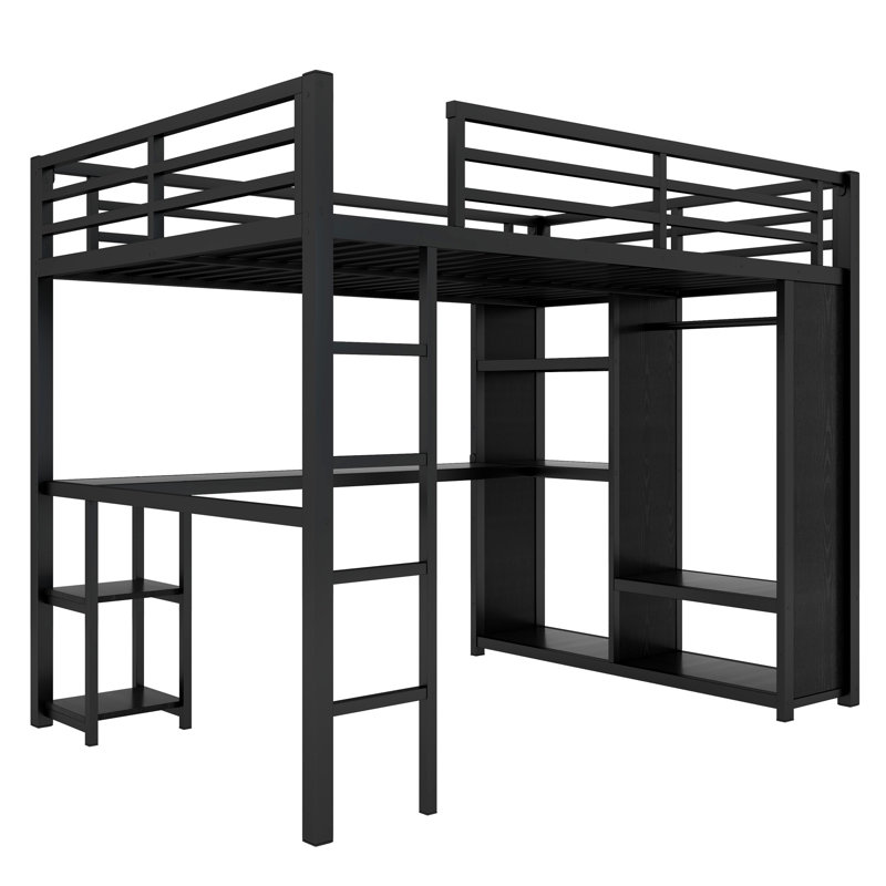 Queen Size Metal Loft Bed Frame with Built-in Wardrobe, Desk and Storage Shelves, Black Loft Bed for Kids Teens Adults