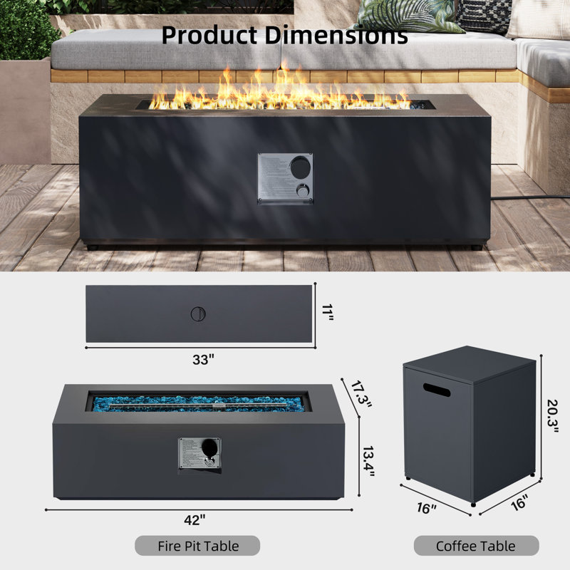 50,000 BTU 42 in. Outdoor Patio Propane Iron Fire Pit Table with Tank Cover, Lid, Glass Rocks, Dark Gray