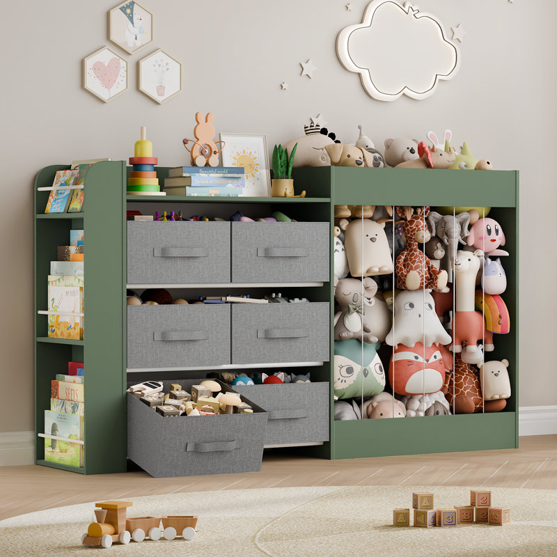 Meuble de rangement pour jouets de 155,4 cm de large, bibliothèque pour enfants avec 6 bacs de rangement en tissu, rangement pour peluches, casiers à 3 niveaux pour salle de jeux, chambre d'enfant, crèche (vert)