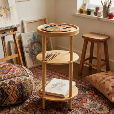 Table d'appoint à 3 niveaux en bambou avec plateau, table de bout ronde pour le salon, la chambre à coucher, la salle de bain - tablette de rangement robuste et support à plante pour les petits espaces