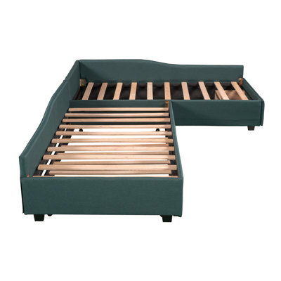 Upholstered Double Twin Size Daybed With Trundle And Drawer, Green