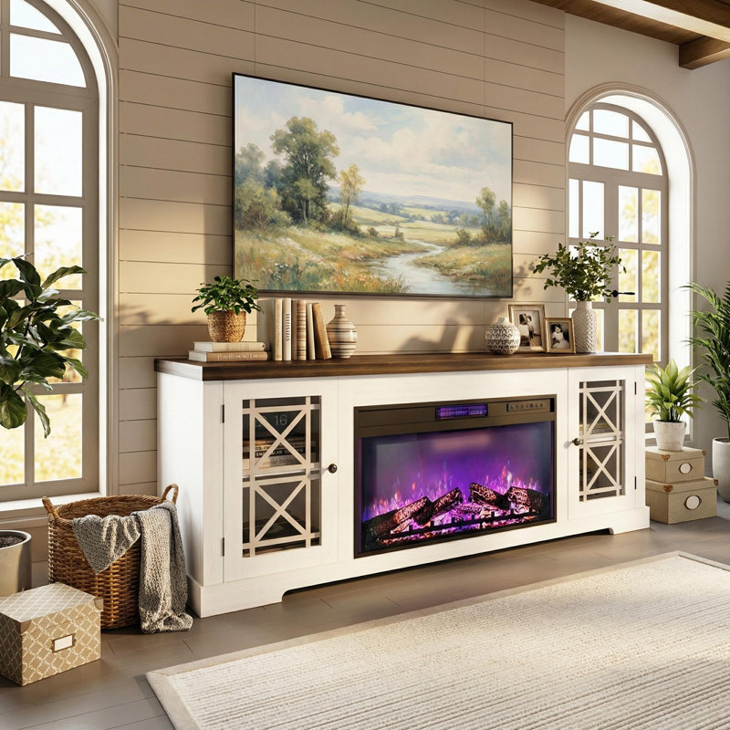 Meuble télé 70 po avec foyer moderne 36 po - Flammes DEL - Armoires et portes de rangement - Convient jusqu'à 80 po - Console de divertissement en panneau de fibres à densité moyenne - Conception peu encombrante