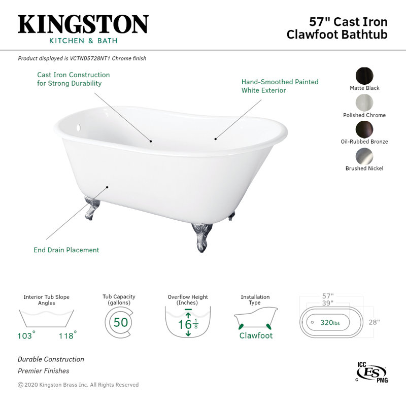 Kingston Brass Onamia 57-Inch Cast Iron Oval Single Slipper Clawfoot Tub (No Faucet Drillings), Oil Rubbed Bronze