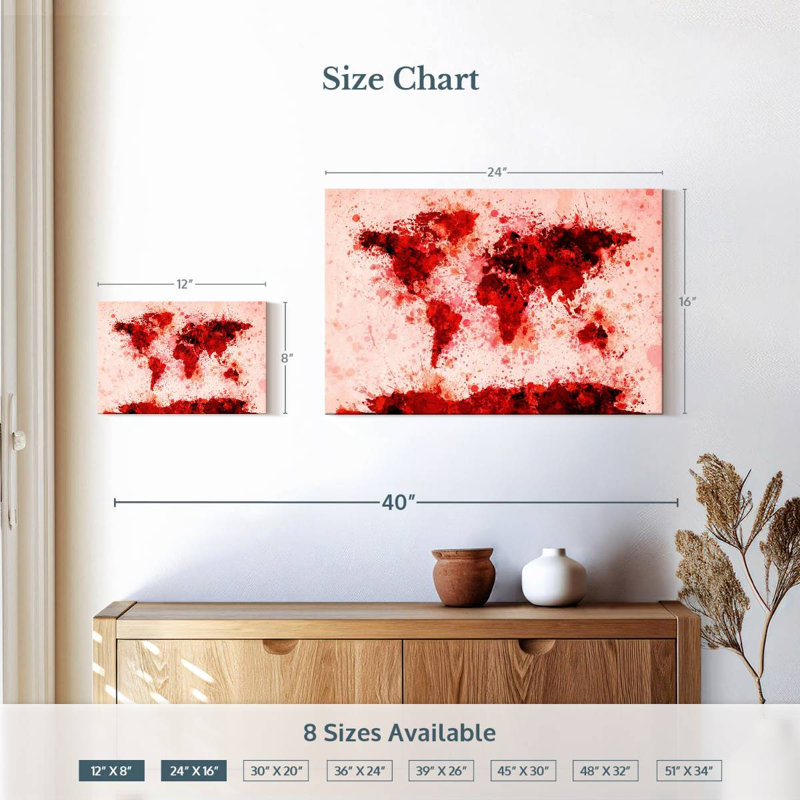 Aliaz World Map Paint Splashes Red, 16" H x 24" W