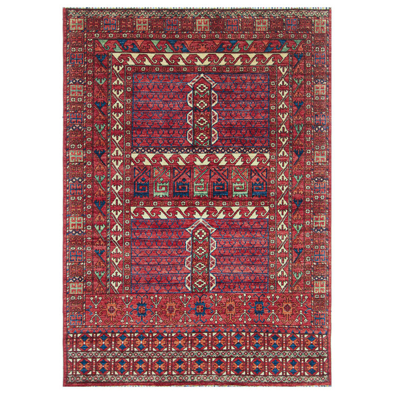 Tapis rouge et multicolore de haute qualité noué à la main