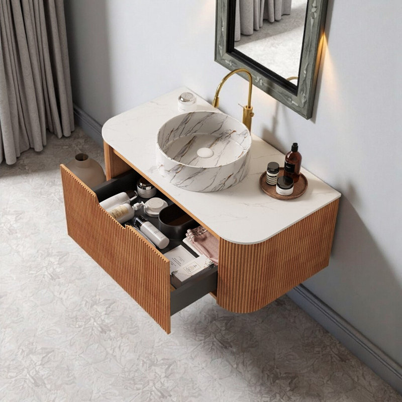 Meuble-lavabo flottant moderne de 36 po avec façade incurvée, rangement à grain de bois et lavabo en céramique à motif de pierre - conception murale facile pour un espace élégant