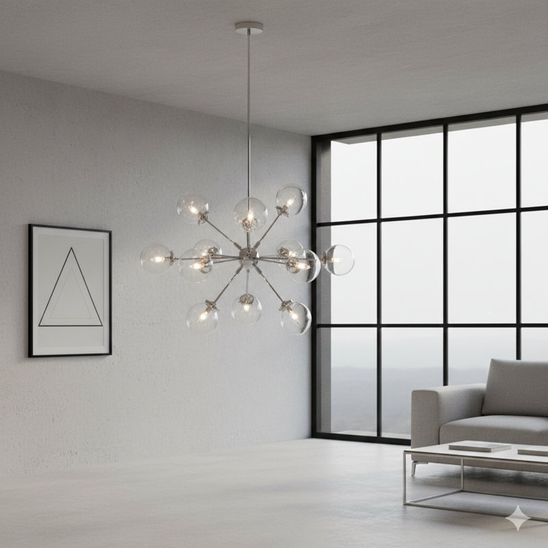 Twelve-Light Chandelier Using Oversized Spherical Bulbs.
