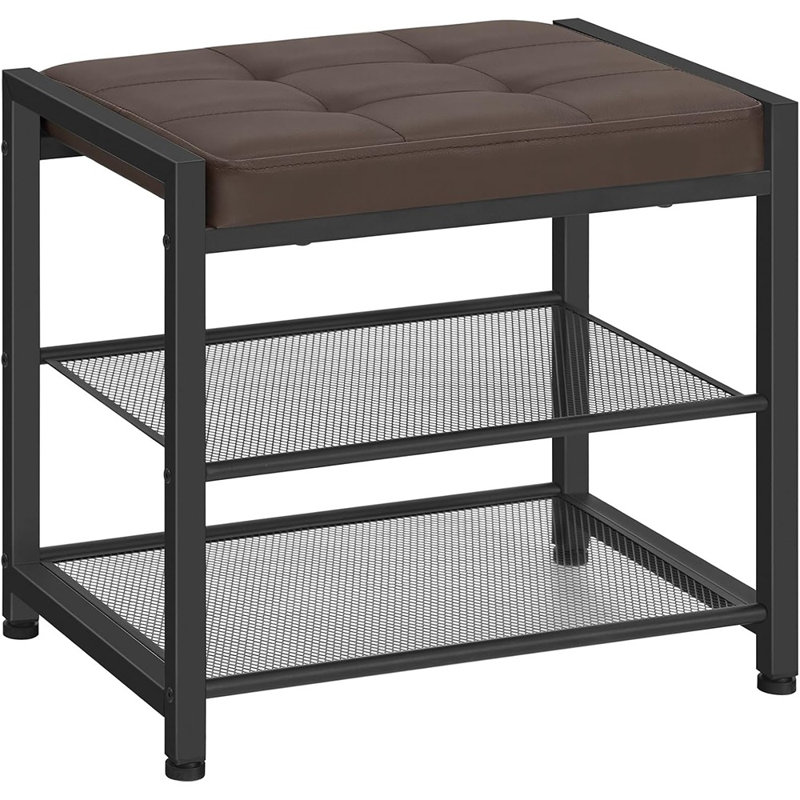 Banc à chaussures à 3 niveaux avec siège à coussin en polyuréthane, tablettes en maille métallique, range-chaussures autoportant pour hall d'entrée, brun