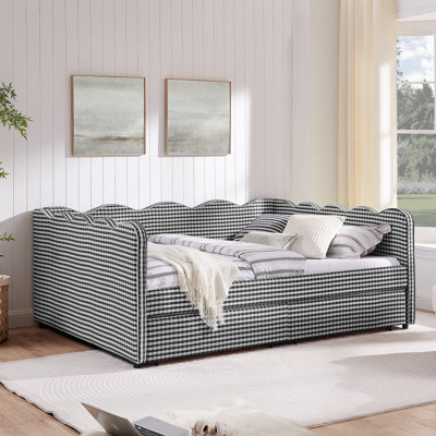 Queen Size Cozy Gingham Daybed With Two Storage Drawers, With USB Port And Adorable Wave Shaped, Linen Fabric