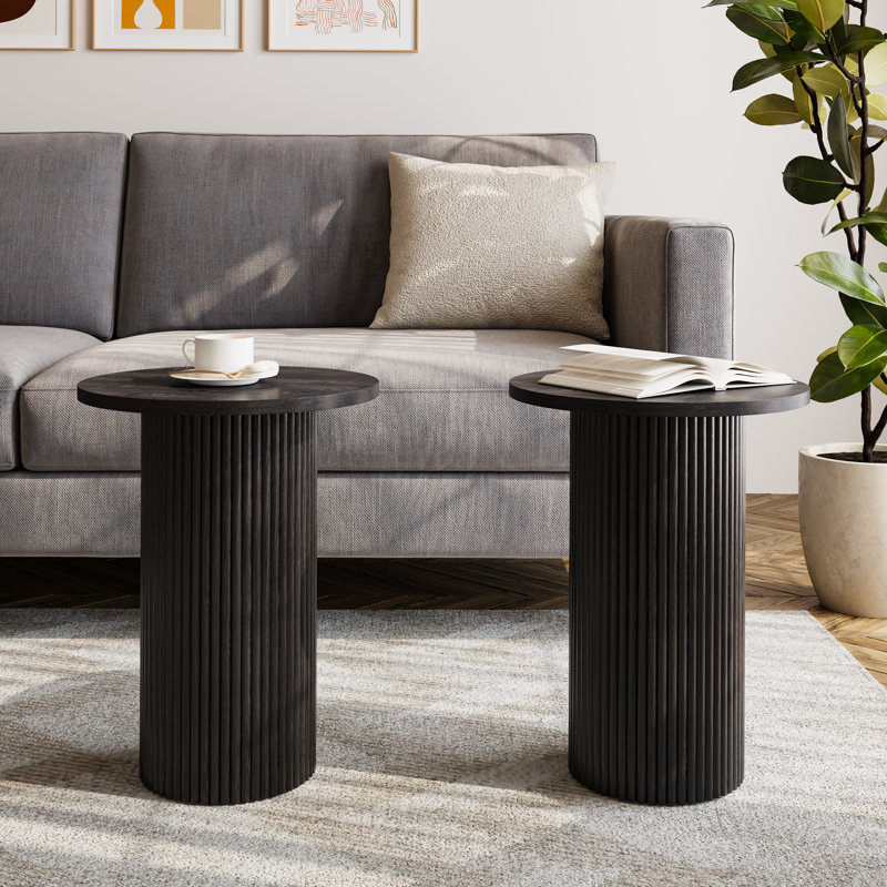 Pedestal Wood Round End Table Set Drum Side Table (Set of 2), Black