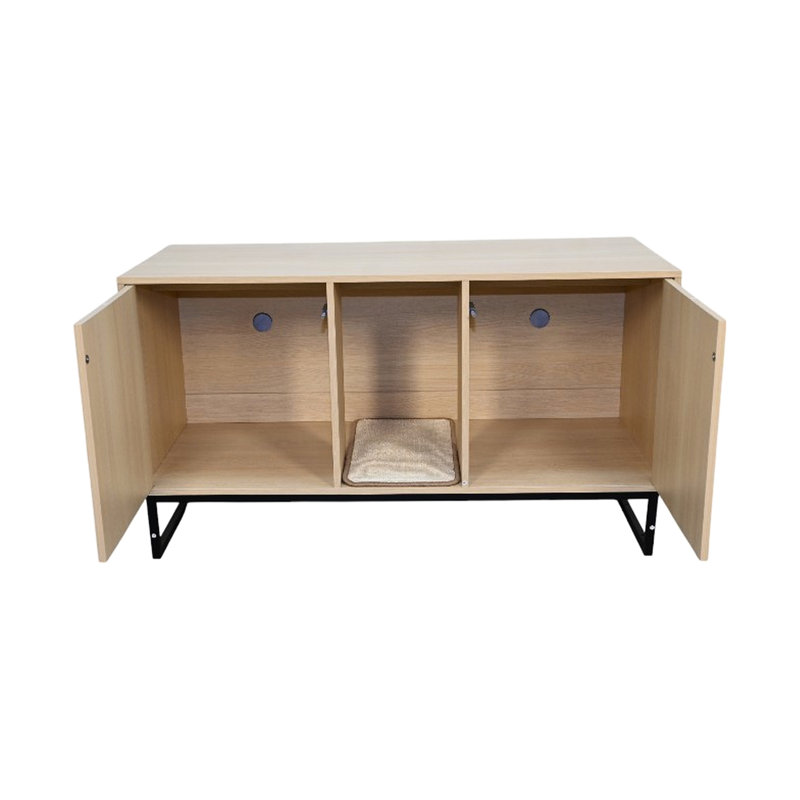 Maison pour chat moderne, 46,89 po x 21,26 po, 26,39 po, 76,4 lb, avec tapis à griffes, convient aux grands espaces intérieurs, panneau de particules et profondeur de la maison, résiste au jeu actif, brun