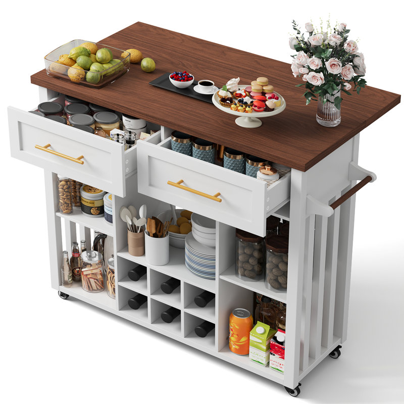 39.4'' L Modern Rolling Kitchen Island With Drop Leaf Countertop And Wine Rack, Wooden Kitchen Cart With 2 Storage Drawers And Towel Rack