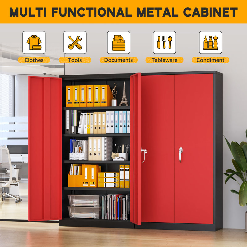 Steel Single Storage Cabinet with Lock ( 72'' H x 32'' W x 16'' D), Black/Red