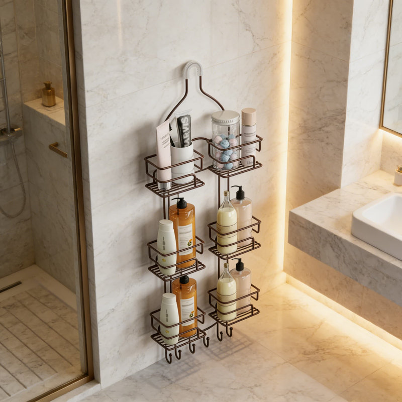 Over The Shower Head Caddy Organizer With Hooks, Rustproof Stainless Steel Bathroom Storage Rack With Split Design And Suction Cups For Stability