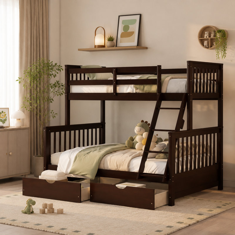 Un lit superposé brun foncé de luxe abordable doté d'une structure en bois massif et robuste et de deux tiroirs de rangement sous le lit - un choix économique pour les familles avec plusieurs enfants.