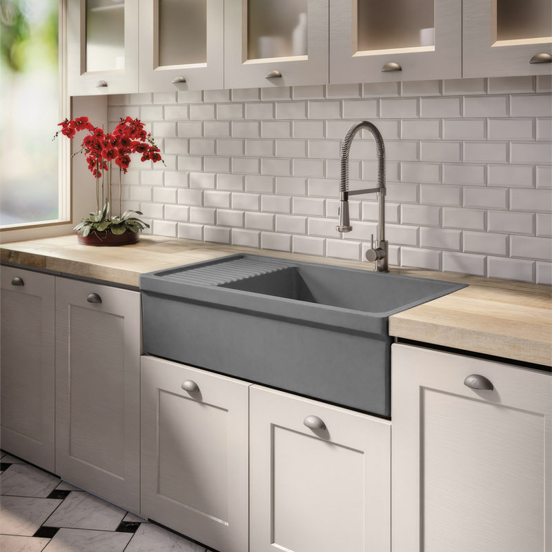 Fireclay Reversible Sink with Integral Drainboard and Decorative 2 ½" Lip on Both Sides, Matte Cement