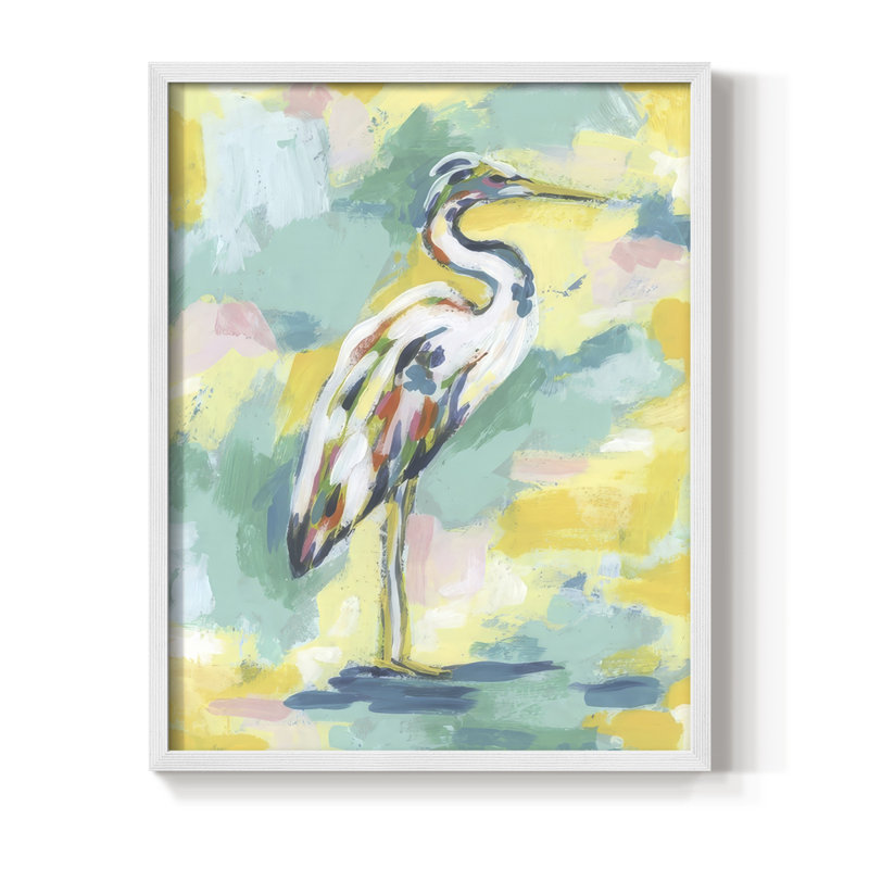 Bright Heron Fresco III, reproduction encadrée - bois massif, H 15 po x l 12 po, Blanc