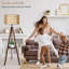 Lampe sur pied en bois H59 "avec abat-jour et tablette en rotin et tissu Mid Century