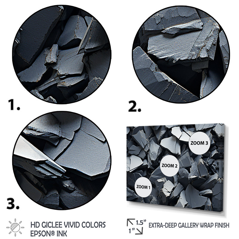 Tachisme - Explosion de roches grises - art mural tachisme, Cadre d'angle fermé noir, H 30 po x l 40 po x P 1,5 po