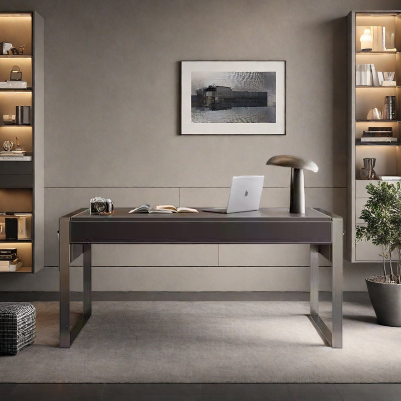 Modern High-end Saddle Leather Writing Desk, 29.52" H x 62.99" W x 27.55" D