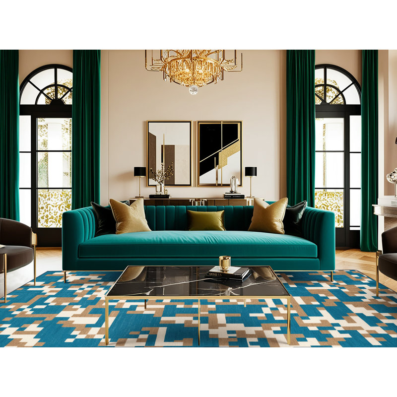 Washable Beach Pixels Coastal Area Rug, Square 7'