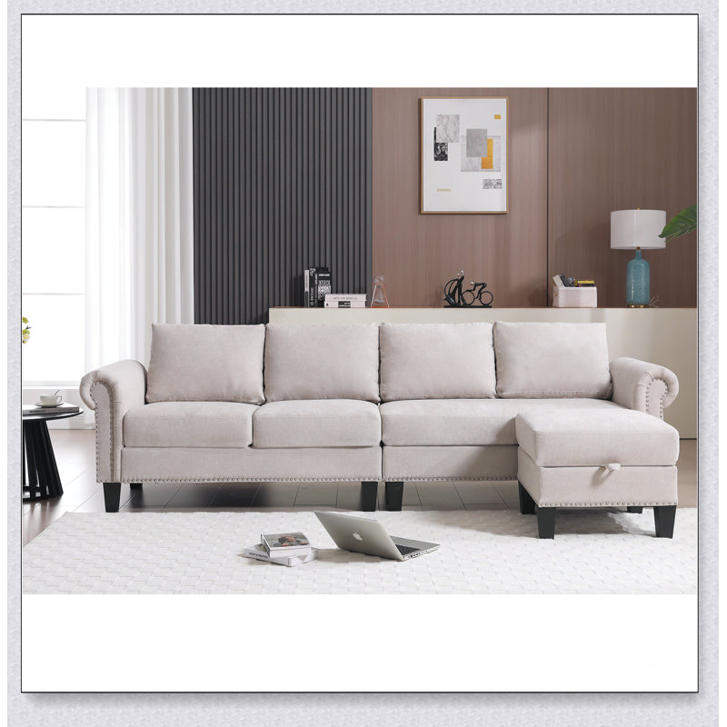 Convertible Sectional Sofa With Storage,L-Shaped Sofa,Four-Seater Sofa, Beige Linen