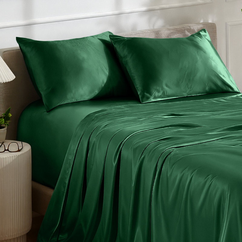 Ensemble de literie en satin, Ensemble de draps pour grand lit avec 2 taies d'or, Vert forêt