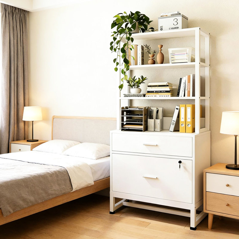 Ample 2 classeurs de rangement avec quatre tablettes, construction blanche, tiroir inférieur verrouillable et patins réglables pour classeurs, bibliothèque ouverte spacieuse, acier noir, pieds pour un positionnement stable