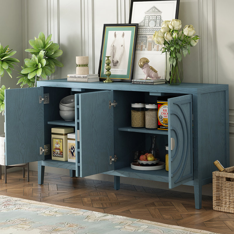 Porte de buffet rétro avec rainure circulaire de 60 po de largeur et armoire de salle à manger Floyds, Bleu antique