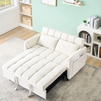 Lit moderne beige de 52 po, convertible 3 en 1 pour l'espace de vie, la chambre d'amis, la chambre, avec coussins, poches, rembourrage en éponge, structure en bois massif, décoration intérieure en velours, rembourrage et structure à panneaux en bois