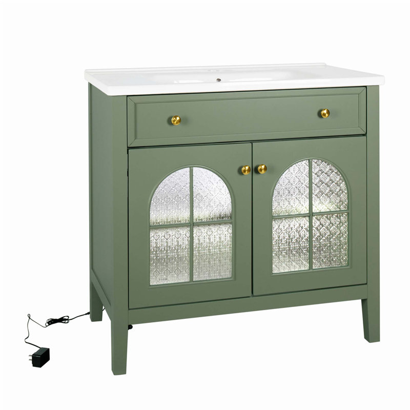 Armoire de salle de bain 35,6 pouces de style médiéval avec éclairage à capteur de mouvement et rangement réglable, Vert