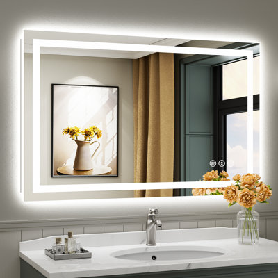 Miroir de salle de bain à DEL avec lumières, rétroéclairé et éclairé à l'avant, miroirs muraux éclairés pour meuble-lavabo, écran tactile à intensité variable, antibuée, fonction mémoire, verre trempé HD, incassable, homologué ETL